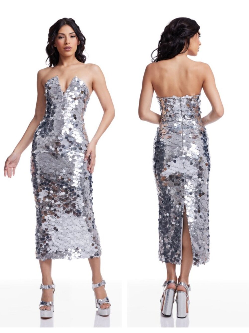 Dress the Population Perla Sequin Strapless Midi Dress Silver